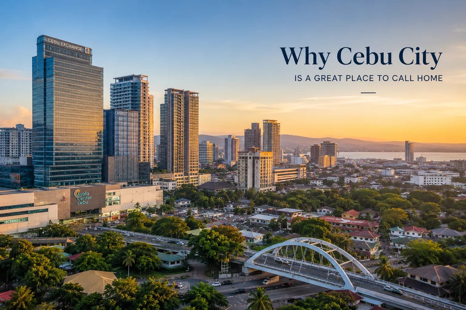 Modern residential buildings and tropical greenery in Cebu City, Philippines.